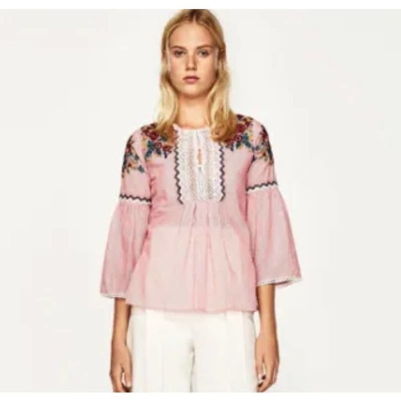 Zara Blouse Embroidered Bell Sleeve Stripe Beaded Crochet Red XS - Picture 1 of 10